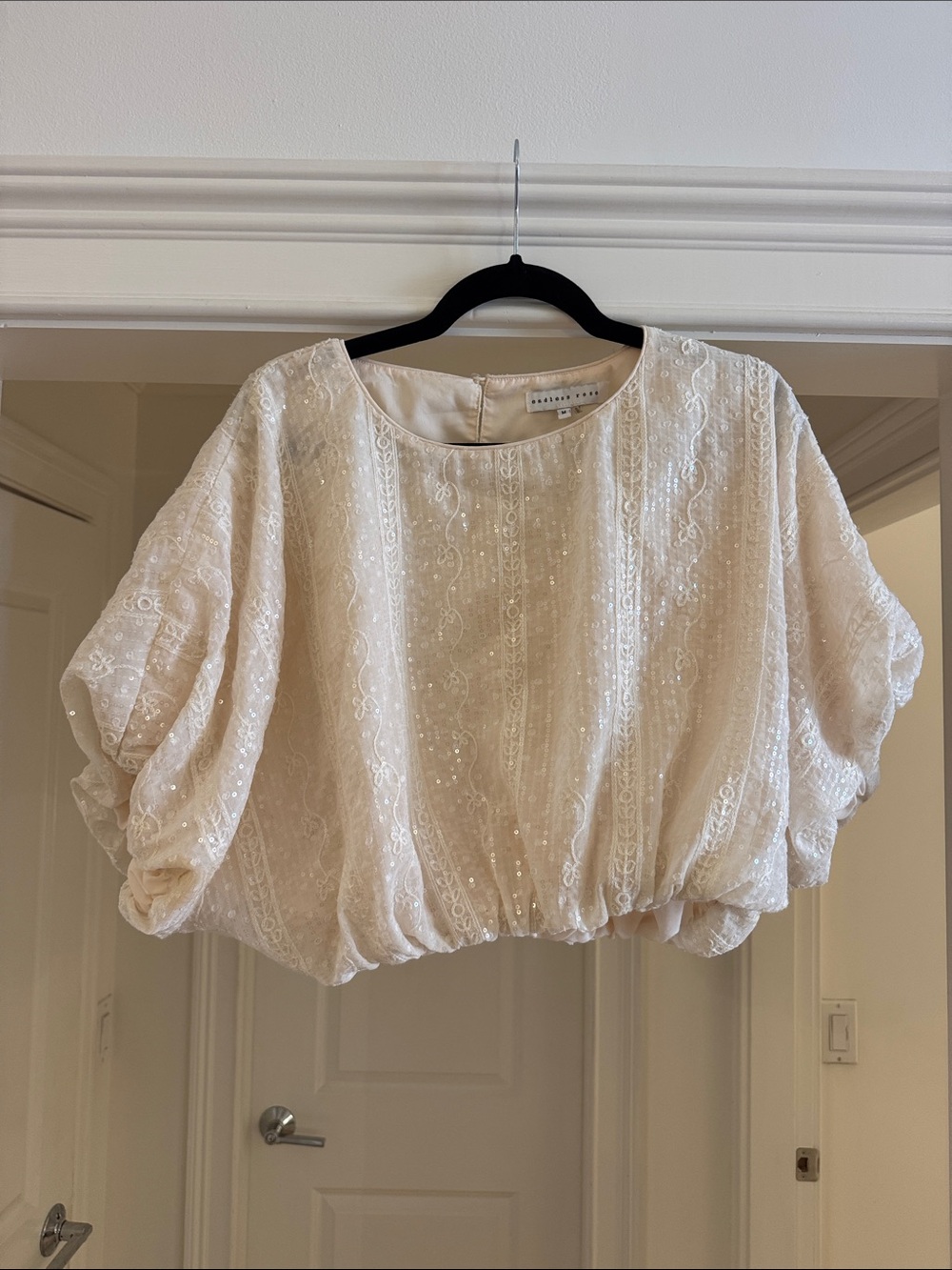 Anthropologie Ivory Embroidered Puff-Sleeve Crop Top